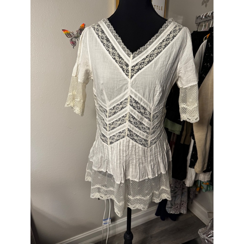 My Collection Design White Lace Cotton Boho Tunic Top Button Back Small